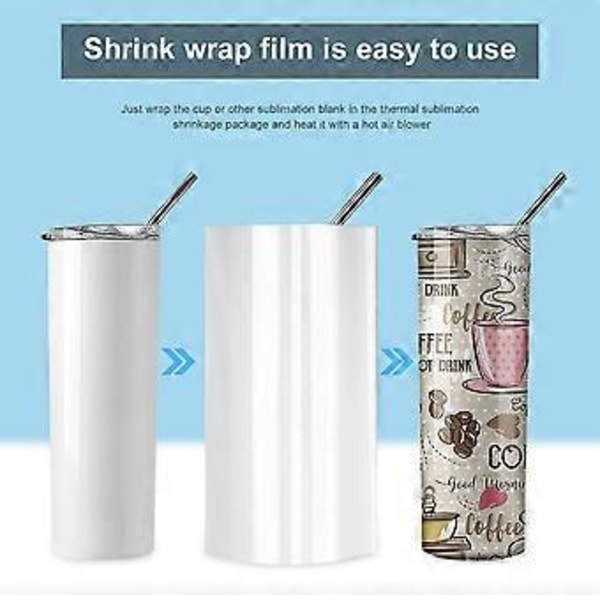30 stk. Sublimeringskrympefolie, 3 størrelser Varmetransfer Krympefolie Krympepose Hvit Folie for Krus, Tumblers, Kopper