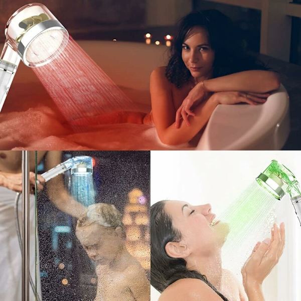 LED-duschhuvud, 3 färglägen, handdusch med temperaturförändring, propellerduschhuvud, högt tryck, vattenbesparande handdusch med PP