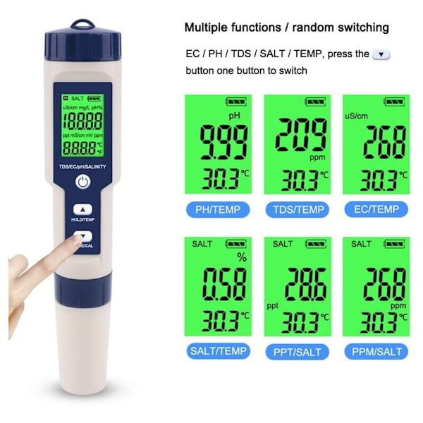 Uima-altaan suolatesteri ja pH-mittari, digitaalinen suolapitoisuusmittari ja pH-mittari uima-altaan suolavedelle ja juomavedelle, 5 in 1 suolapitoisuus pH-lämpötila
