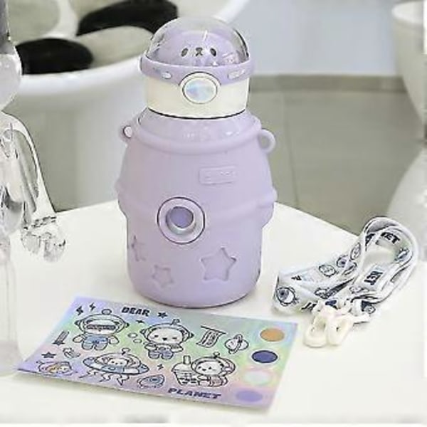 1 stk. Kawaii Vannflaske med Sugerør, 500ml Bærbar Rustfritt Stål Isolert Vannflaske med Klistremerke, Stor Søt Astronaut Bjørn Vann