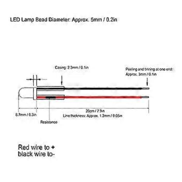 50 stk. Diode Kablet Lysdiode Rundt Hode Høy Lysstyrke In Line LED 20cm 5mm 12V (Hvitt Lys Gløder Blått)