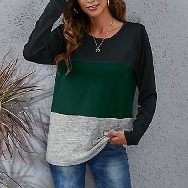 Dame Efterårstop Stilfuld Farveblok Afslappet Løs Langærmet Top Rund Hals Pullover T-shirt Grøn S