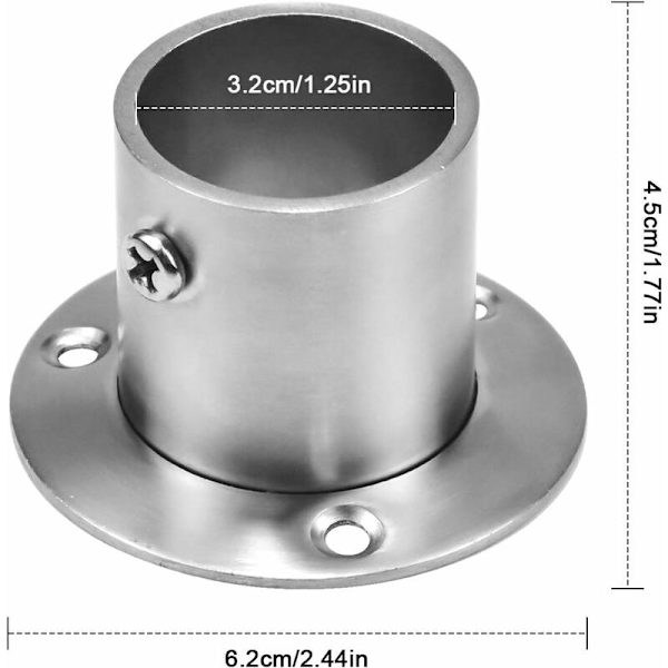 2 st 32 mm gardinstångsfäste, rostfritt justerbart väggmonterat skensfäste för garderobsstång, med 6 skruvar + 6 skruvpilar