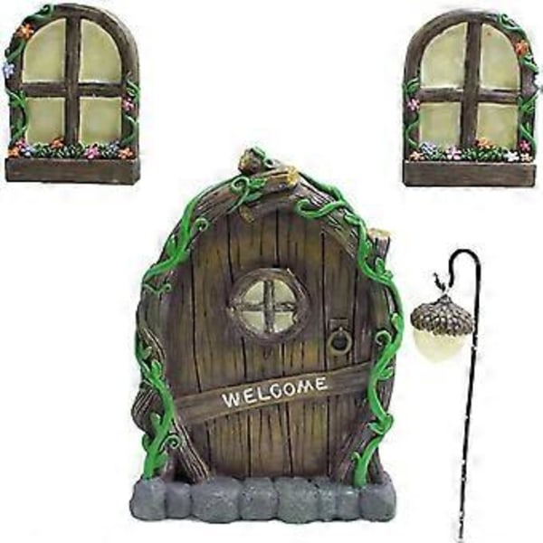 Trädskulptur Trädgårdstomte Fönster Dörr Harts Miniatyr Hantverk Älv Självlysande Gårdskonst Ornament St-4
