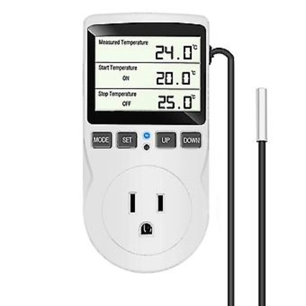 Digital Temperaturkontroller, LCD-skjerm Varme Kjøling Reptiltermostat med Sensorprobe, / 1800w 120v Plugg