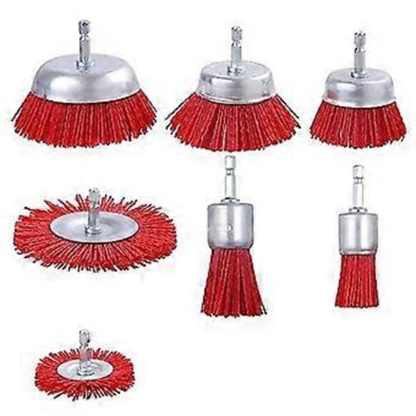 7 kpl Nylon Filament Hiomaharja Pyörö- ja Kuppiharjasetti 1/4 tuuman kuusiokannalla, Nylonsetti
