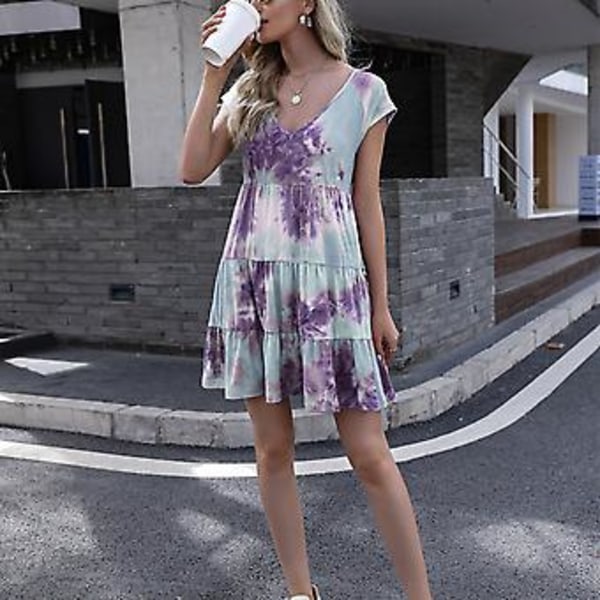 Dybt V-hals Tie Dye Print Kjole Dame Elegant Afslappet Gradient Løs Kant Kortærmet Lagdelt Kjole Lilla XL