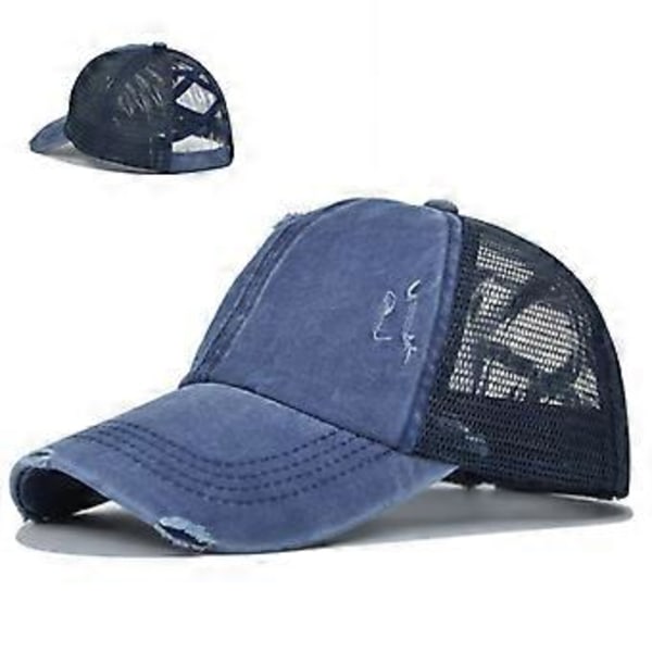 Elastisk kryss hestehalehatt, revet hestehalehatt, vasket kryss hestehale mesh hatt, dameflettehatt