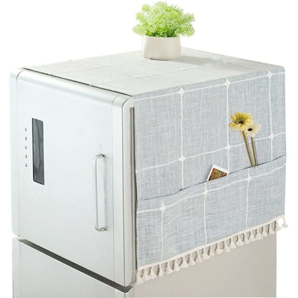 Støvtæt beskyttelsesbetræk til vaskemaskine køleskab bomuldslinned stof mikrobølgeovn betræk med opbevaringsposer (grå gitter, 60140cm)