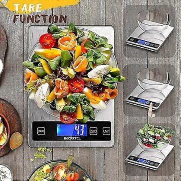 Digital kjøkkenvekt for mat, 10 kg vekt Multifunksjonell vekt måler i gram og unser for matlaging og baking, 1g/0,1oz presis gradering, rustfritt stål