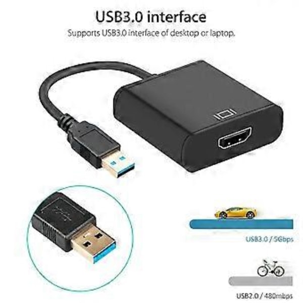 Usb 3.0 til HDMI Konverter, kabeladapter, sort