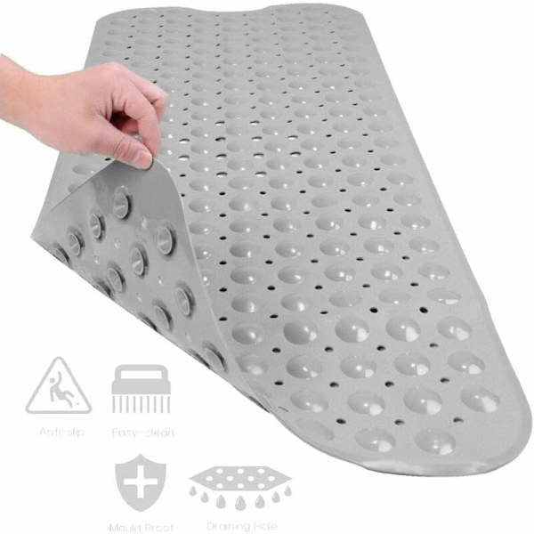 Duschmatta 100 x 40 cm - Extra lång tvättbar badrumsmatta - halkfri badrumsmatta med sugkopp i PVC-material (grå)