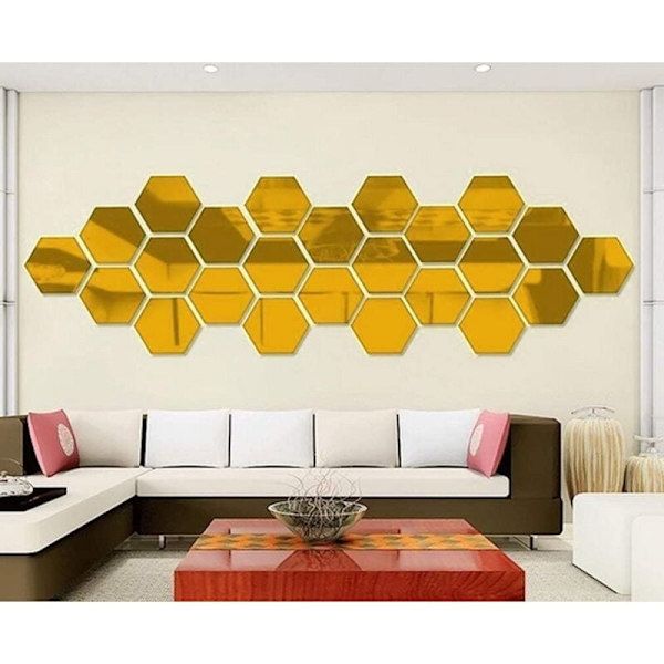 12 stk. Akryl Hexagon Spejl Plast Vægklistermærker Hjemmeindretning til Stue Soveværelse Over Sofa TV Guld