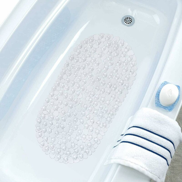 Skridsikker bademåtte til badeværelse, Pebble Frosted Anti-Mould Anti-Slip Plast Oval Badekar Brusebadsmåtte med greb sugekopper, klar, 69 x 36 cm