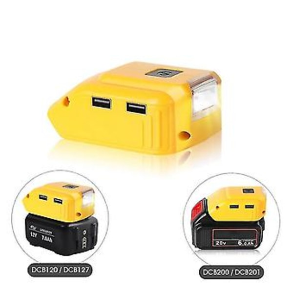 USB Adapter Lader For De-walt 20v Batteri, Dobbel USB Lader & 12v DC Port & LED Arbeidslys - Repl