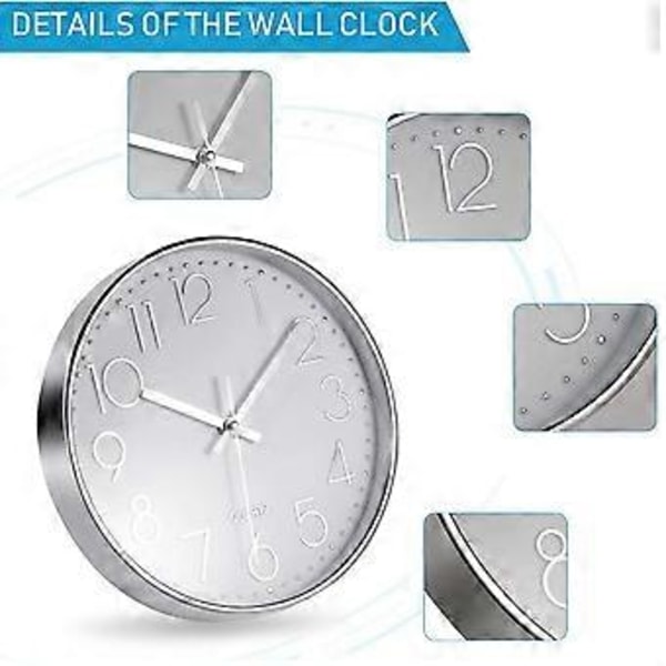Premium Silver Väggklocka, Väggdekoration, Modern Tyst Väggklocka för Hemmakontor Kök (25cm, Silver)