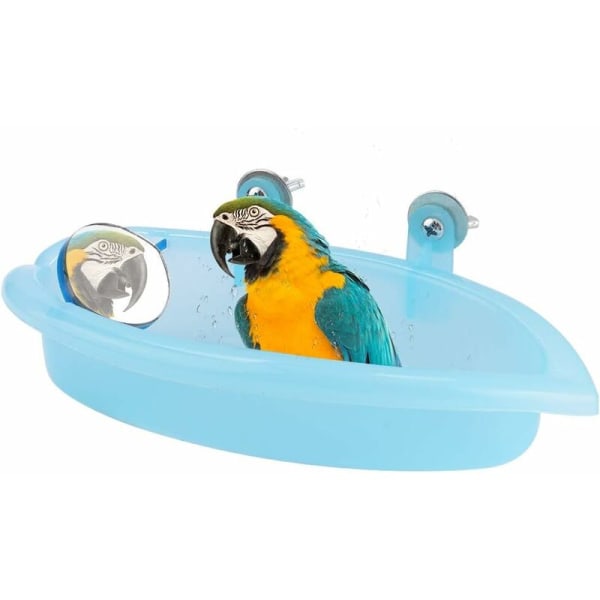 Papegøjebadekar Fuglebad Brusekasse med spejlhængende badekar Legetøj Fuglebur tilbehør (blå)