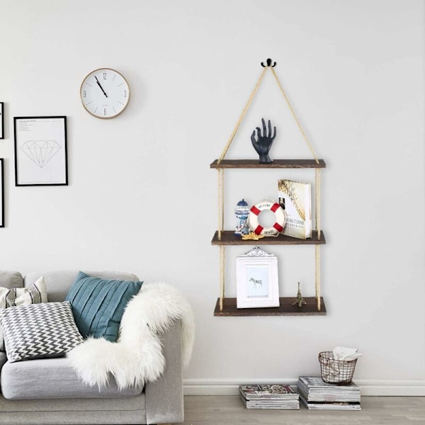 Trähängande hylla Trä fönsterhylla Rustik väggsvängningsförvaringsställ Jute rep Flytande hyllor Växter Foton Dekorationer Display för vardagsrum