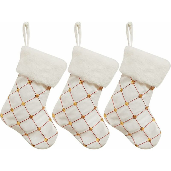 3-pack glittriga julstrumpor, 23 cm rutiga julstrumpor med guldglitter, vit plyschmanschett, hängande julgransstrumpa eller