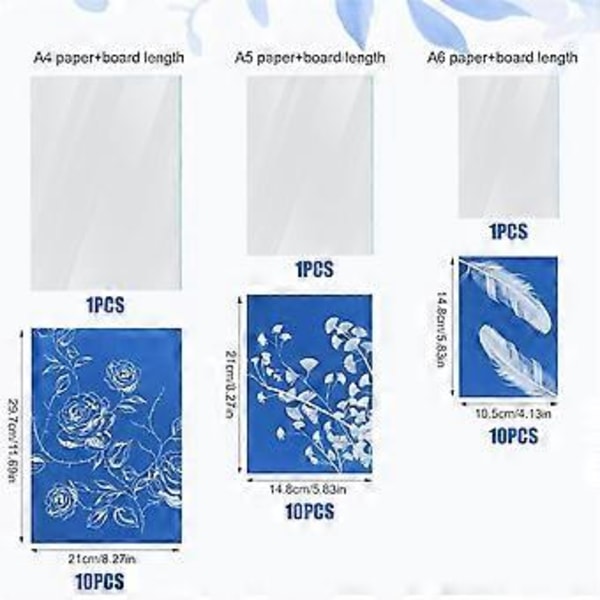 30 ark soltrykkpapir, A4 A5 A6 cyanotypipapirsett med 3 stk akrylpanel sensitivt solcelletrykk- og tegnepapir
