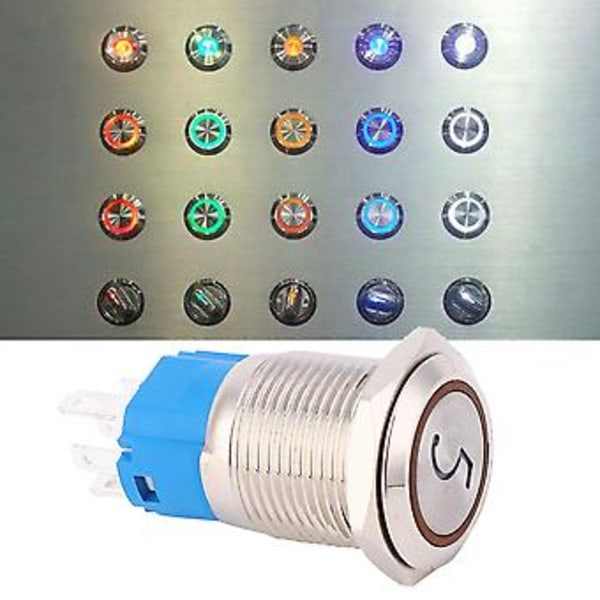 2 st 16mm Tryckknappsbrytare Rostfritt Stål Platt Huvud Ljus, Nummer 5 Skylt IP65 Gul 220VAC, Vattentät Momentan Brytare för Industri & DIY
