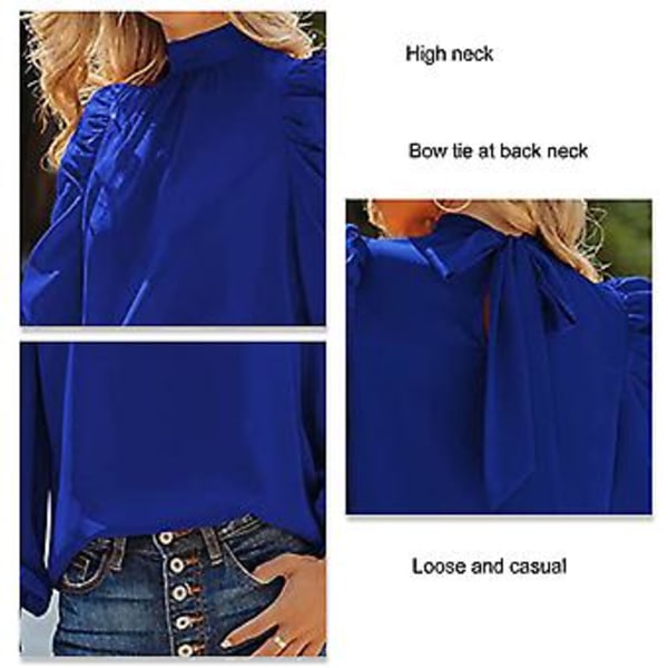 Dame Lang Puff Erme Topper Skjorte Moderne Elegant Løs Casual Ren Farge Høy Hals Bluse for Arbeid Blå XXL