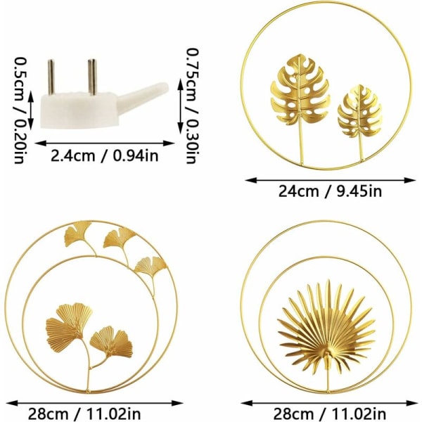 3D Ginkgo Blad Skulpturer, 3 Stycken Järn Väggskulpturer, Runda Metall Ginkgo Vägg Hängande Dekor för Hemmakontor Vardagsrum Hotell Dekoration