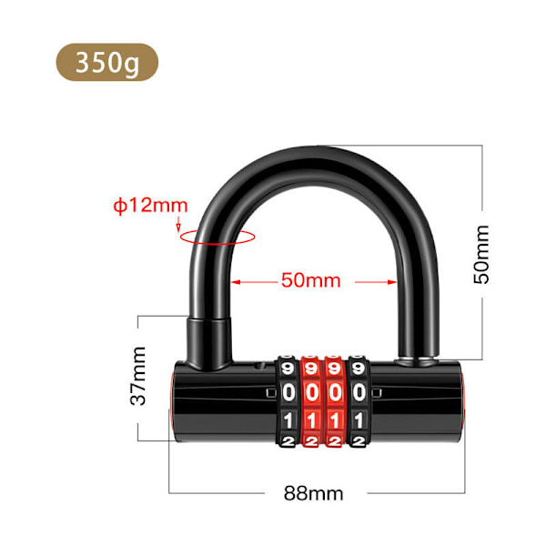 U-formet tyverisikret kombinationslås 4-cifret kode med lang bøjle tyverisikret cykel vandtæt dobbelt indstikslås med nulstillelig kode porte, Sc