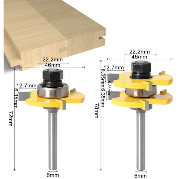 6MM skaft Matched Tongue og Groove Cutter Sæt 3 Tænder T Form Træ Cutter Skæring Træbearbejdning Værktøj (6MM)