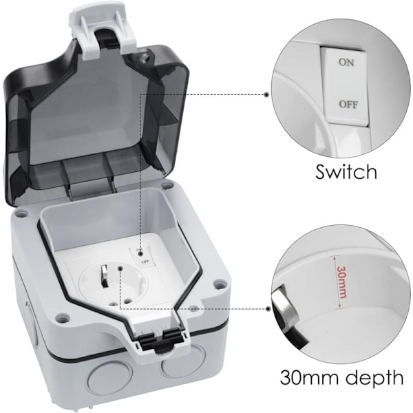 Ulkoseinäpistorasia, IP66-ulkoseinäpistorasia kytkimellä, kaapeliliittimellä ja kääntökannella, vedenpitävät pistorasiat keittiöön, kylpyhuoneeseen, autotalliin, uima-altaaseen ja Ga