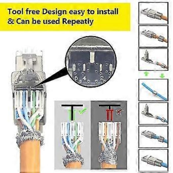 8 stk. RJ45 Cat7-kontakter Verktøyfri Gjenbrukbar Sftp Utp-kabel Rask