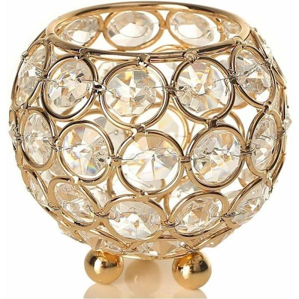 Rund gyllene kristallskål ljusstake 8 cm diameter - för bröllop soffbord mittpunkt dekoration passar LED-ljus / varmare, presentförpackning Pac
