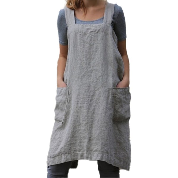 Bomuldslinned forklæde krydsryg forklæde til kvinder med lommer forklæde kjole til bagning madlavning grå M