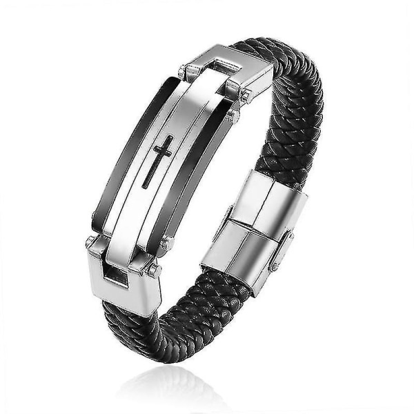 Herr Crossover Läder Flätad Armband Justerbar Titan Stål Armband