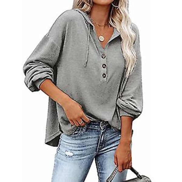 Blus Långärmad V-ringning Knapp Enfärgad Casual Trendig Hooded Toppar för Kvinnor Grå M