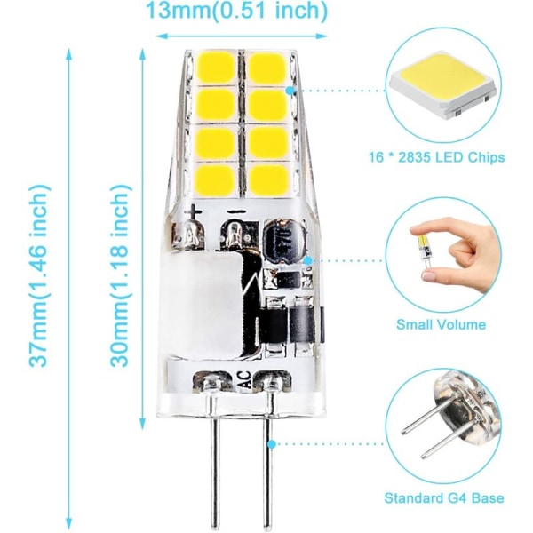 G4 LED-pære 3W, 6000K kald hvit, tilsvarende 35W G4 halogenpære, AC/DC 12V, 300 lumen, ikke dimbar, 10-pakning