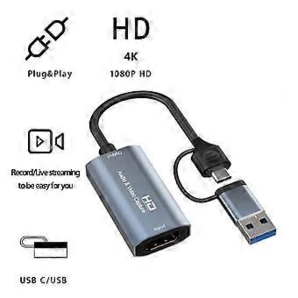 4K -Yhteensopiva Type-C+USB-videokaappauskortti 1080P USB-tietokonepelien suora ääni- ja videokaappauskortti 4K-tallennus