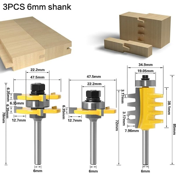 3 stk 6mm skaft karbid meiselsett - 3 tenner not og fjær fres for snekkerverktøy
