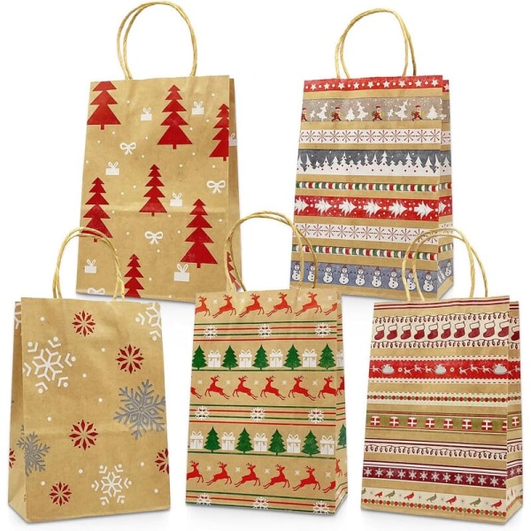 Kraft julklappspåsar 20 olika stilpåsar julpapperspåsar med handtag julklappspåsar med jultryck för presentpapper