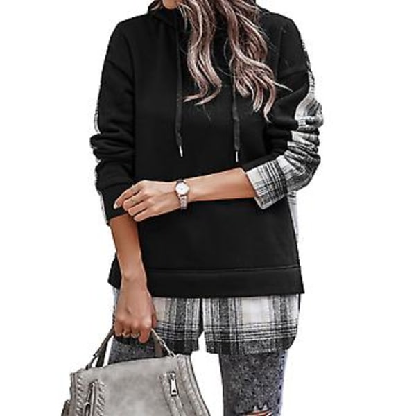 Dame Patchwork Hættetrøje Polyesterfiber Langærmet Åben Kant Pullover Plaid Patchwork Hættetrøjer til Dagligt Arbejde Sort L