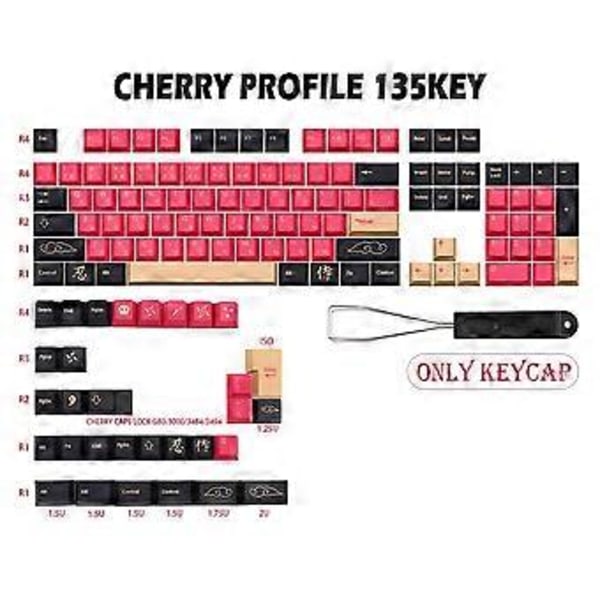 135 Taster/Sett Rødt Samurai-tema PBT Dye Subbed Keycap for Mx Cherry Switch Mekanisk Tastatur Keycap