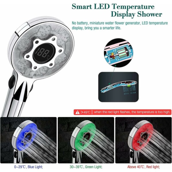 LED-duschhuvud, färgskiftande temperaturkontroll Handdusch med 3 färger, tryckökande vattenbesparande regndusch, handdusch med