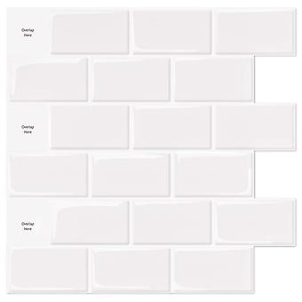 Pakkaus, jossa 10 kappaletta valkoisia Subway-itsekiinnittyviä laattoja, liimattava roiskesuoja keittiöön ja kylpyhuoneeseen, 3D-tiilivinyyliliimapaperi, 30x30cm