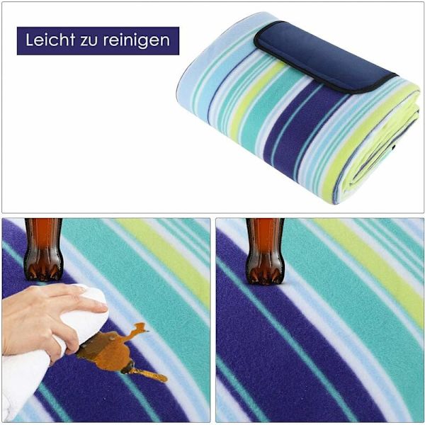 200 x 200 cm stort piknikteppe vanntett sandtett, 3-lags strandteppe med bærehåndtak, utendørs piknikmatte (blå vertikale striper)