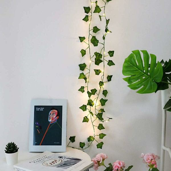 Strålkastare LED Konstgjorda växter Grön murgröna bladranka för heminredning Bröllopslampa DIY Hängande trädgård Gårdbelysning, 2M 20 LED-lampor (lönnlöv