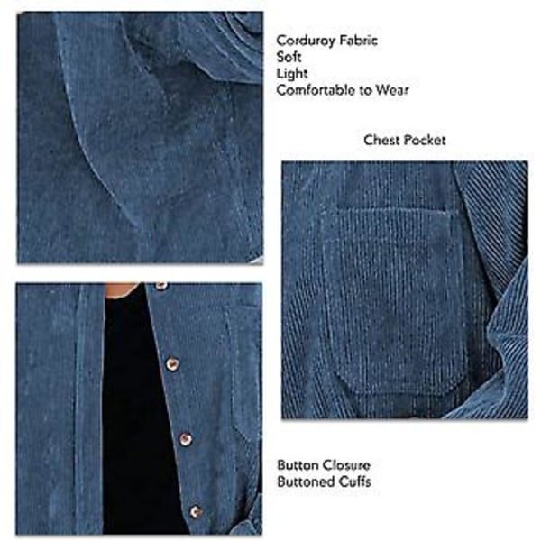 Kordfløyel Skjorte med Knapper Lange Ermer Jakkeslag Kordfløyel Jakke Løs Casual Oversized Bluser Jakke for Vår Høst Blå S