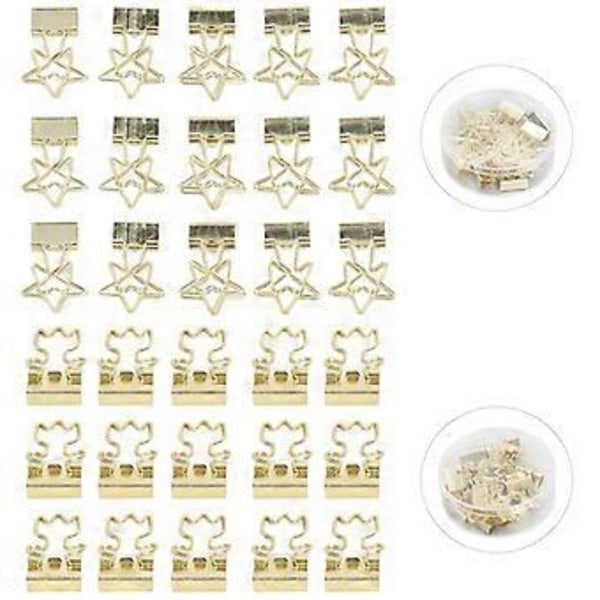 30 stk. Gull Binder Clips: Blomst, Pentagonal Hjerteform Gjenbrukbare Klyper med 2 Oppbevaringsbokser