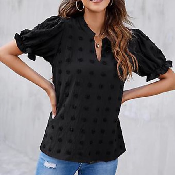 Dame Chiffon Skjorter Casual Sommer Topper Puff Korte Ermer V-hals Sveitsisk Prikk Pom Pom Bluser for Arbeid Reise Fest Svart XXL