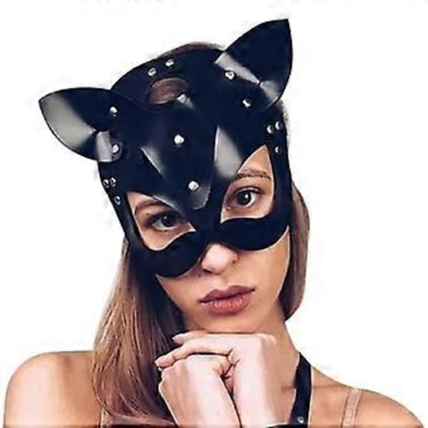 Dame Katte Maske Halv Ansigt Katte Maske Læder Katteører Maske Cosplay Kostume Tilbehør, Sort