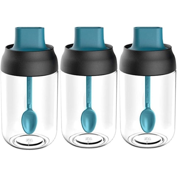 Glasburkar för kryddor, kökskryddor, förvaringsbehållare, 3-pack, transparenta, förseglade burkar med lock och sked, oljeflaska, lufttät behållare - Blå kryddor